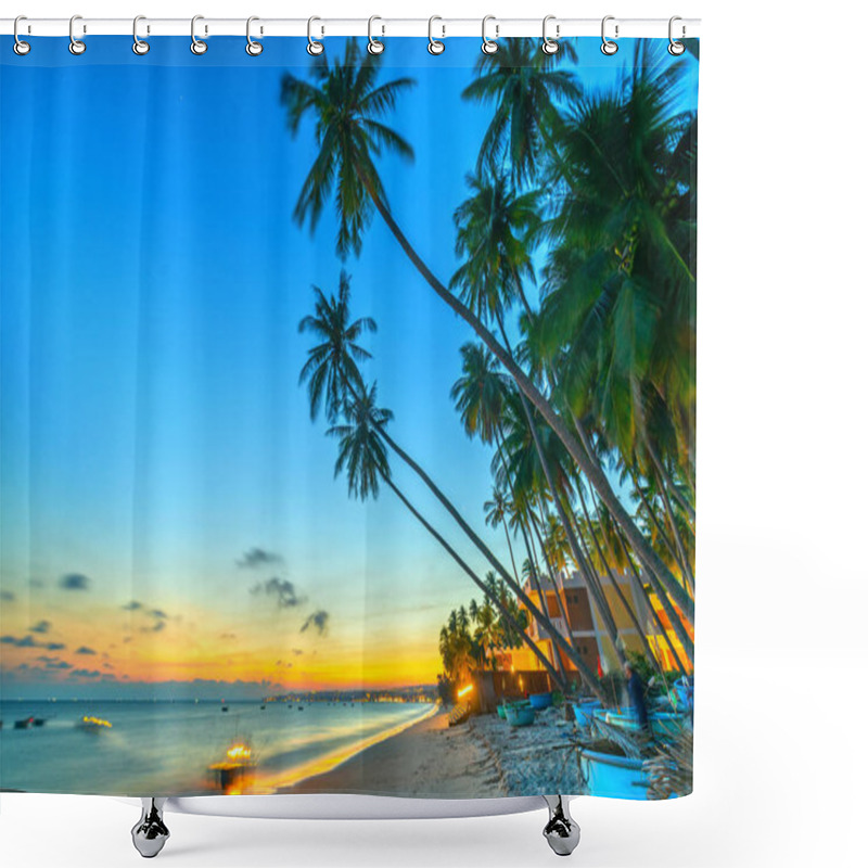 Personality  Sunset On The Beach With Tilted Coconut Trees, Long Sandy Beaches And Beautiful Golden Sky And Romantic For The Weekend Resort. Shower Curtains