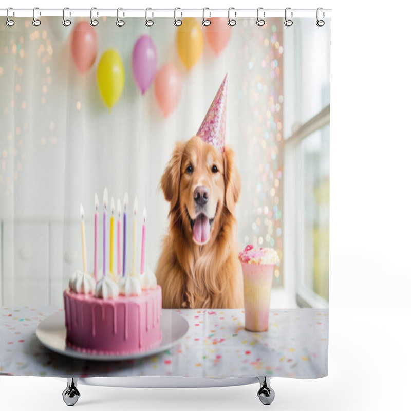 Personality  Happy Dog At Birthday Party Celebrating With Birthday Cake And Party Balloons Shower Curtains