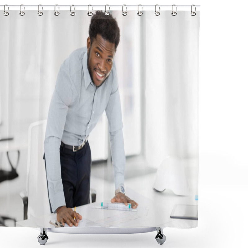 Personality  Smiling African Architect With Blueprint At Office Shower Curtains