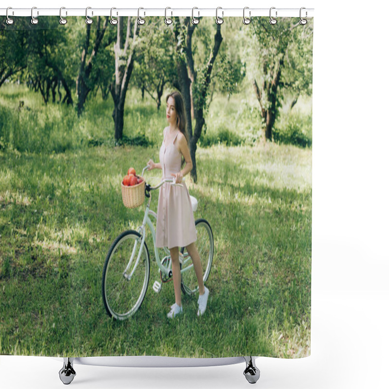 Personality  Pretty Young Woman In Dress Holding Retro Bicycle With Wicker Basket Full Of Ripe Apples At Countryside Shower Curtains