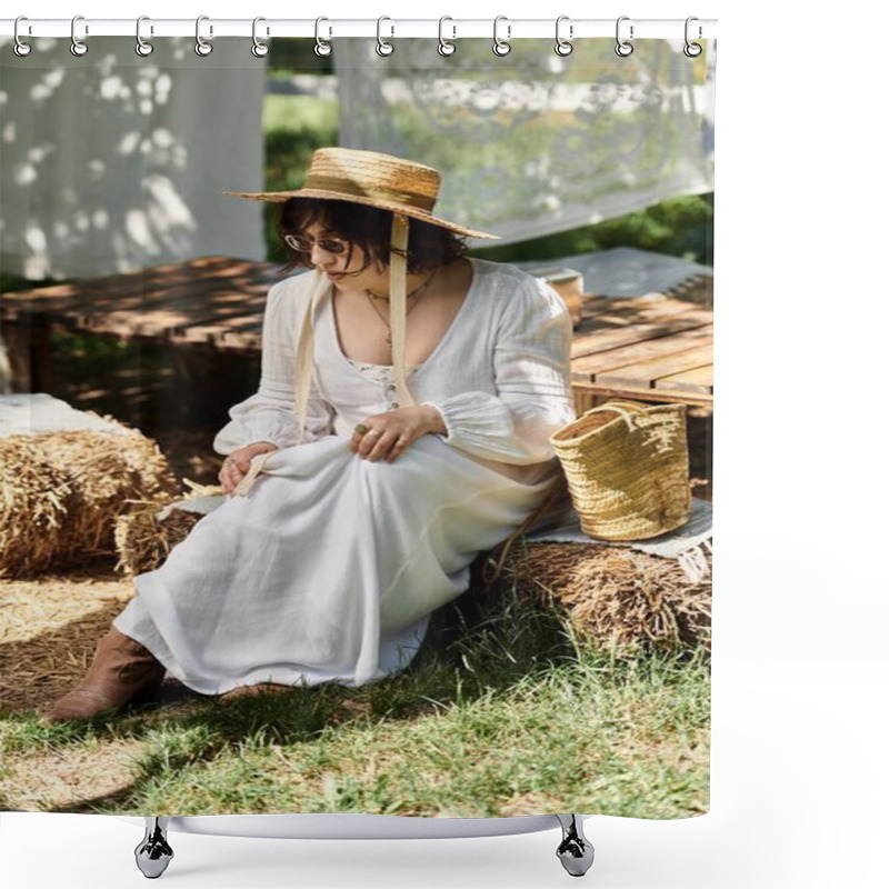 Personality  A Young Woman In A White Dress And Straw Hat Sits In A Summer Garden, Enjoying The Afternoon Sun. Shower Curtains