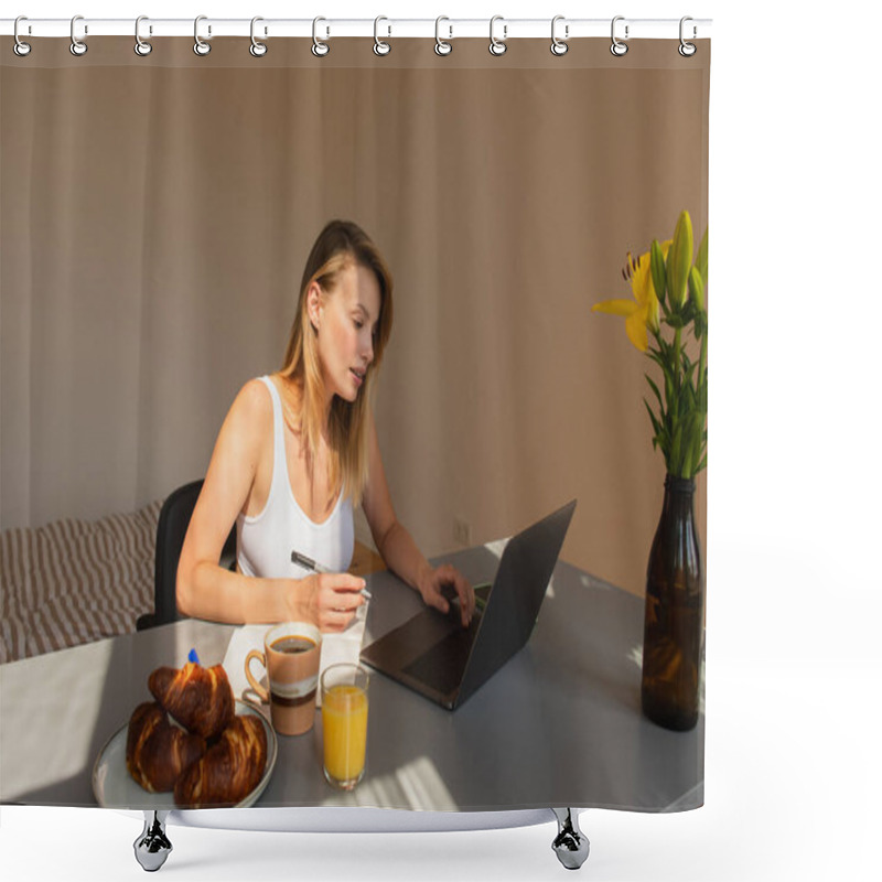 Personality  Young Freelancer Using Laptop And Notebook Near Breakfast With Drinks At Home  Shower Curtains