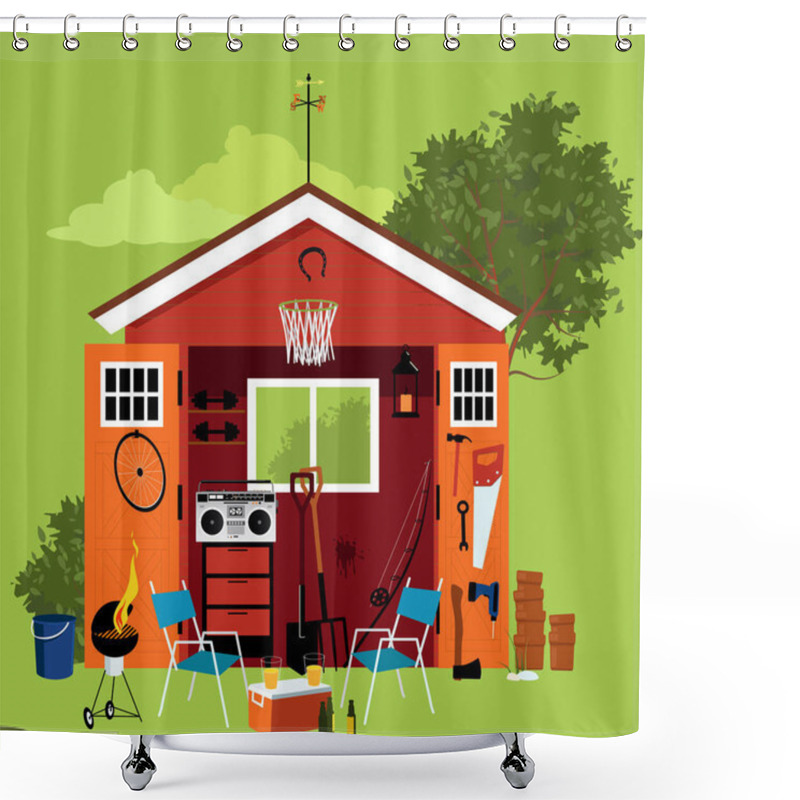 Personality  Garden Shed Filled With Tools, Sport Equipment And Recreational Items, Chairs, Barbeque And Table With Beer In Front, EPS 8 Vector Illustration Shower Curtains