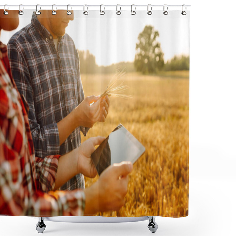 Personality  Two Farmers Working With Tablet On Wheat Field. Modern Technology Application In Agricultural Growing Activity. Growth Dynamics. Shower Curtains