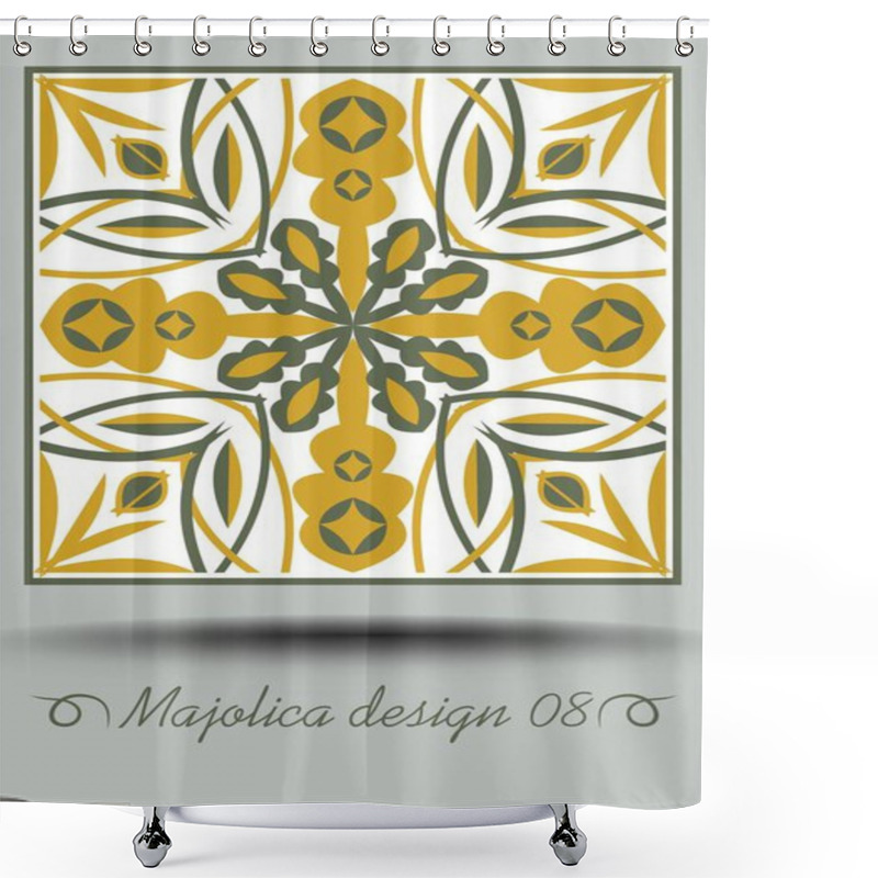 Personality  Majolica Traditional Ceramic Tile In Nostalgic Ocher And Olive Green Design With White Glaze. Typical Ceramic, Azulejo Portuquese Pottery Product With Multicolored Geometric Ornament. Shower Curtains