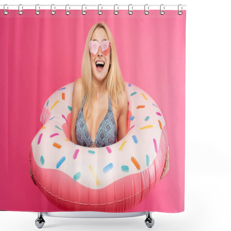 Personality  Photo Of Smiling Blonde In Swimsuit Sunglasses With Inflatable Donut For Swimming Shower Curtains