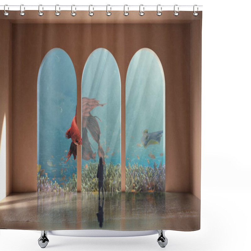 Personality  Surreal Visionary Aquarium With A Big Red Fish Which Escapes From The Cage While A Young Woman Watches The Scene, Freedom Concept, Imaginary Art Shower Curtains