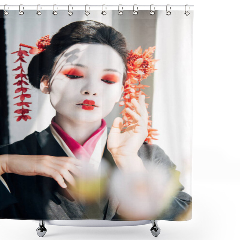 Personality  Selective Focus Of Sakura Branches And Beautiful Geisha With Red And White Makeup And Closed Eyes In Sunlight Shower Curtains