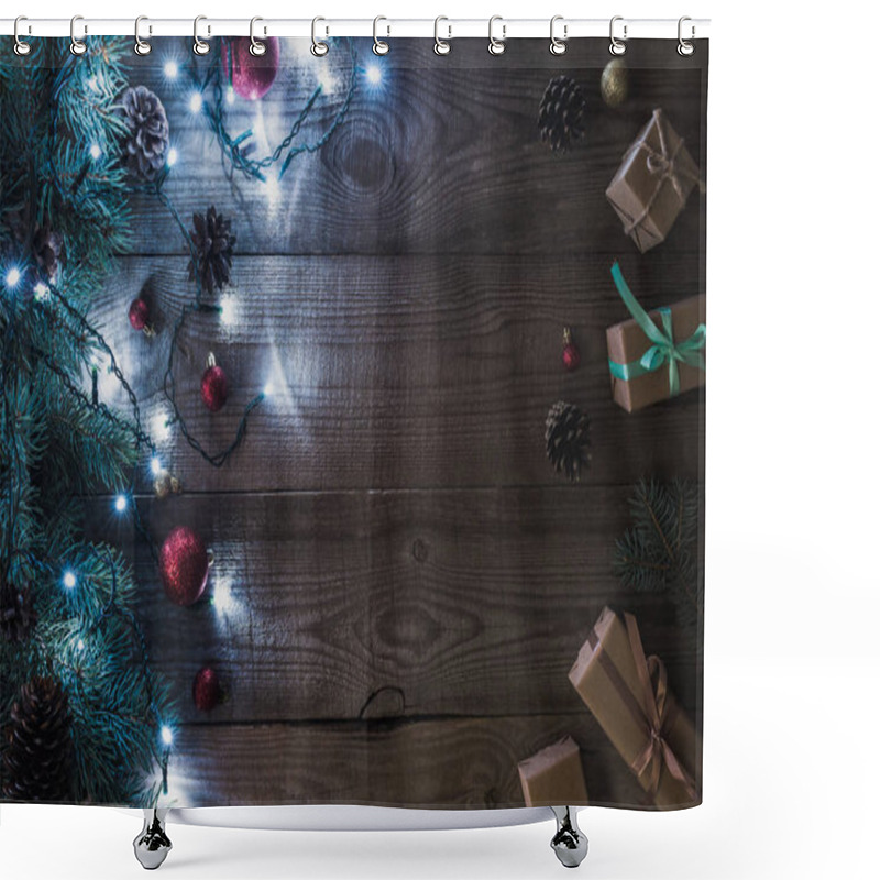 Personality  Christmas Presents, Shiny Baubles And Fir Twigs With Illuminated Garland On Wooden Background  Shower Curtains