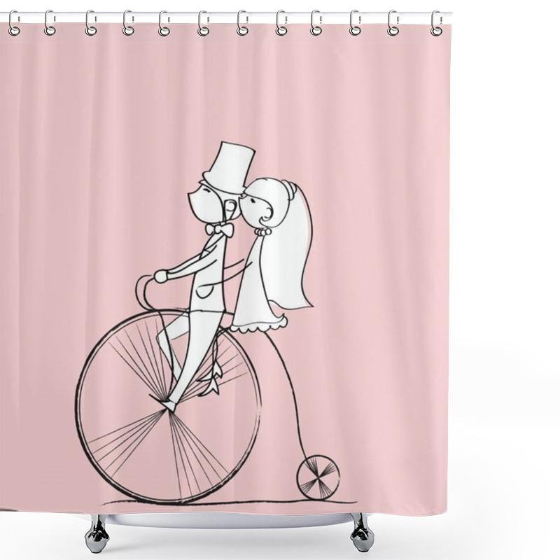 Personality  Wedding Picture, Bride And Groom Ride Bikes, Vector Shower Curtains