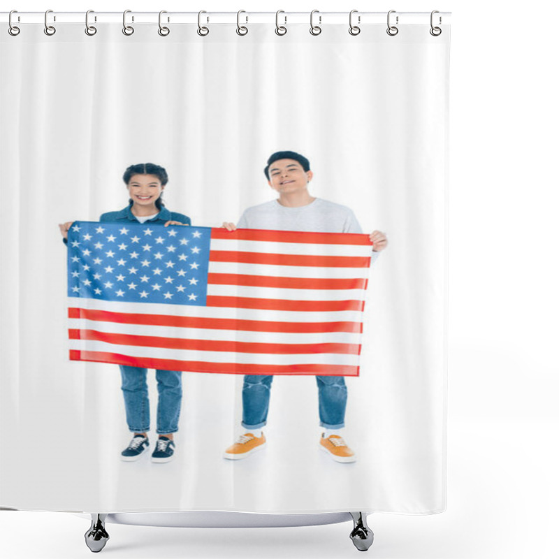 Personality  Happy Teenage Students Holding Usa Flag Isolated On White Shower Curtains