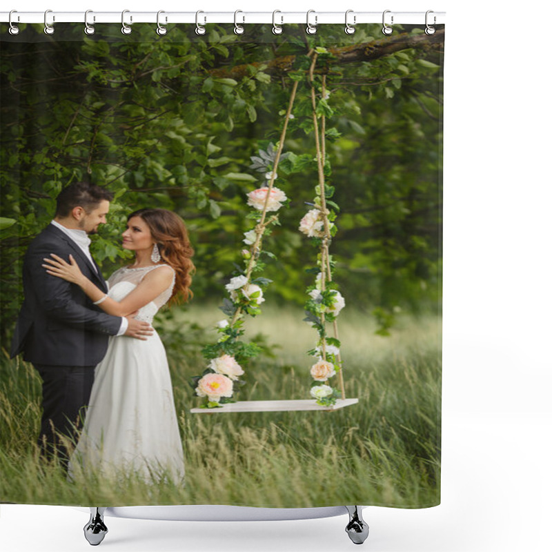 Personality  Beautiful Bride With Fiance Is Swinging On A Swing Shower Curtains