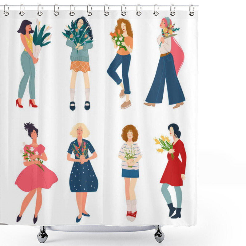 Personality  Happy Ladies Holding Bouquets In Hands Vector Shower Curtains