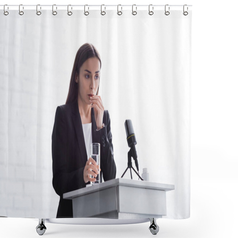 Personality  Young Lecturer Suffering From Speech Anxiety Standing On Podium Tribune With Glass Of Water Shower Curtains