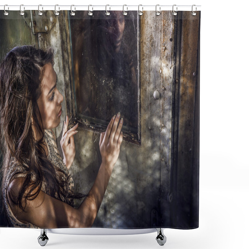 Personality  Dramatized Image Of Sensual & Attractive Young Woman In Luxury Dress Posing Outdoors. Shower Curtains