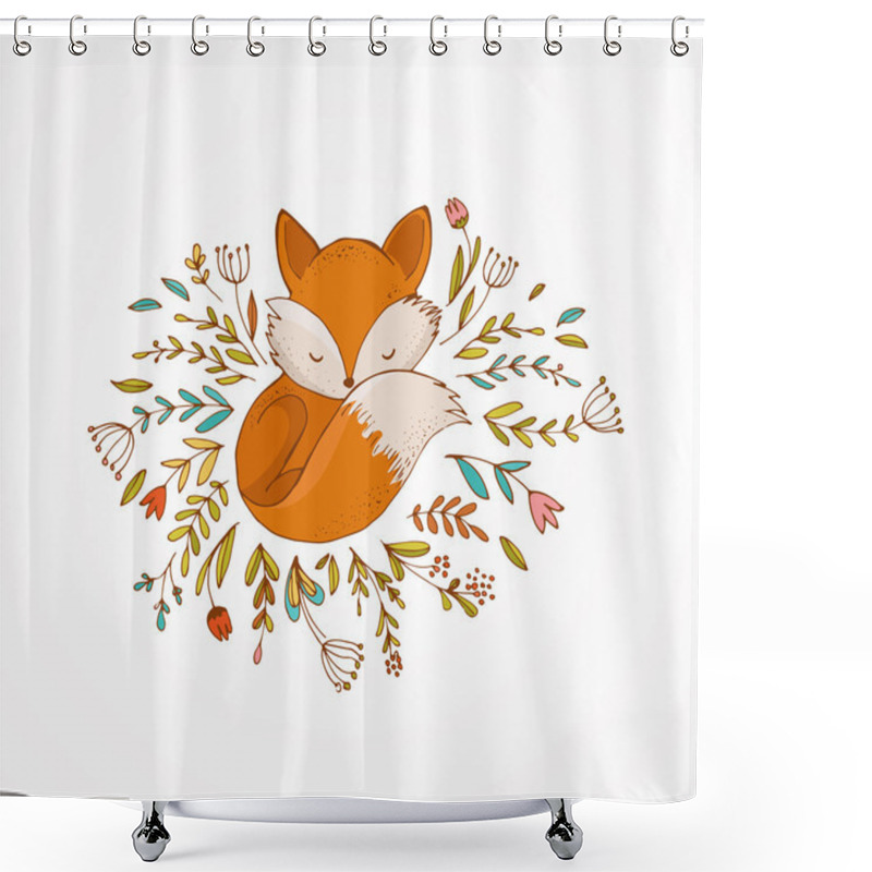 Personality  Fox Sleeping On The Flowers -  Lovely Illustration And Card Shower Curtains