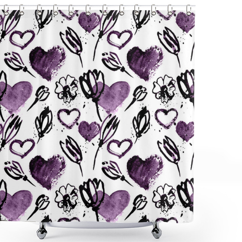 Personality  Watercolor Purple Hearts And Flowers In Grunge Style, Hand Drawn Illustration, Seamless Pattern Shower Curtains