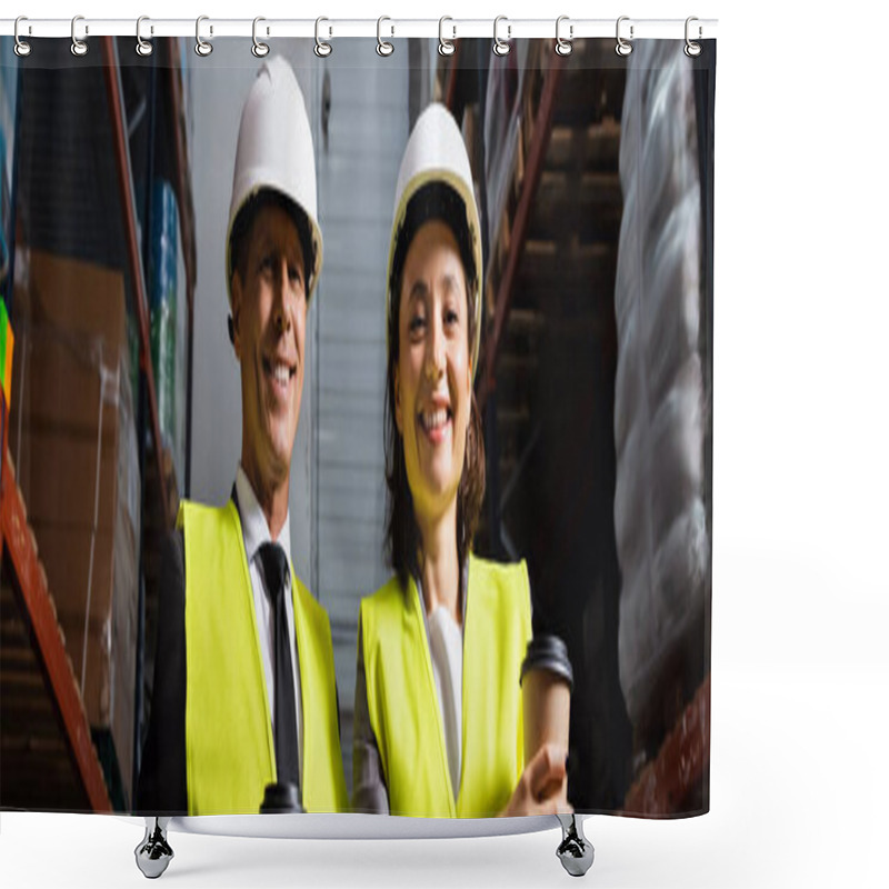 Personality  Cheerful Logistics Team With Hard Hats And Coffee Smiling During A Break In Warehouse, Banner Shower Curtains