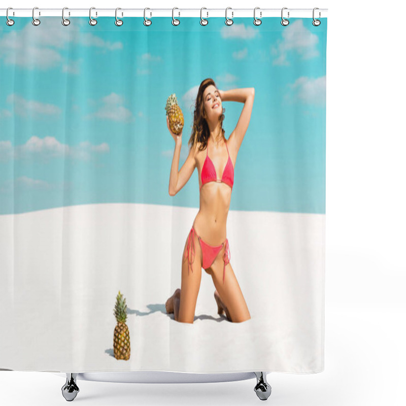 Personality  Smiling Beautiful Sexy Girl In Swimsuit With Pineapples On Sandy Beach With Blue Sky And Clouds Shower Curtains