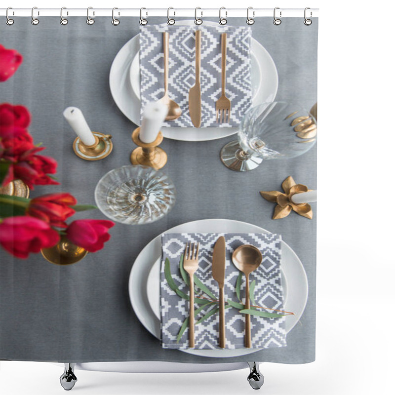 Personality  Top View Of Rustic Table Setting With Bouquet Of Red Tulips And Arranged Old Fashioned Silverware Shower Curtains