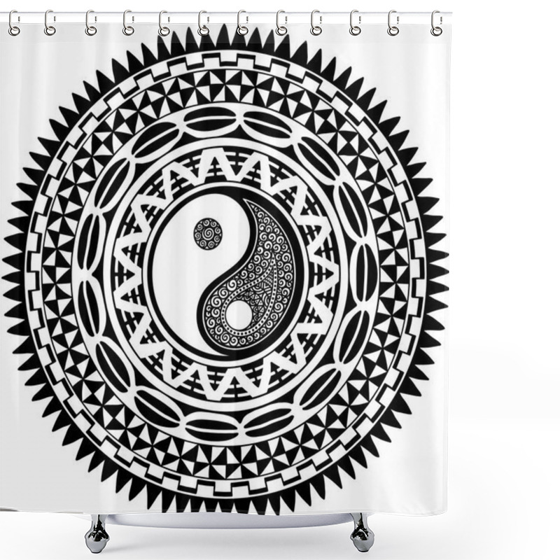 Personality  Circular Pattern In Form Of Mandala With Yin-yang Hand Drawn Symbol. Traditional Ornaments Of Maori People - Moko Style. Vintage Decorative Tribal Border From Elements Of African Theme. Shower Curtains