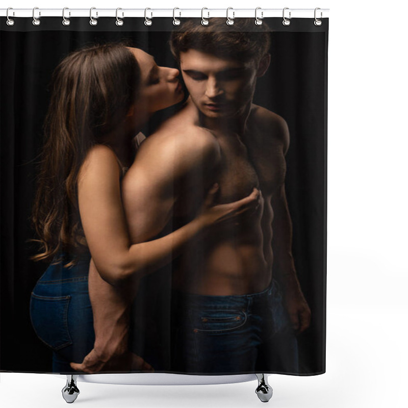 Personality  Attractive Young Woman Hugging And Kissing Sexy Boyfriend Isolated On Black Shower Curtains