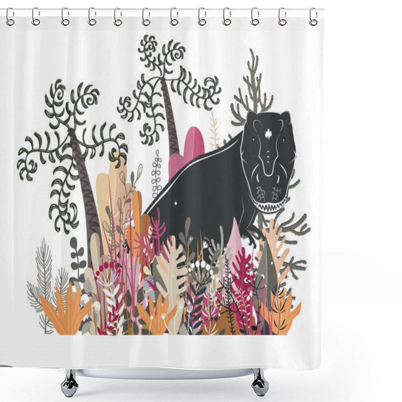 Personality  Cute Tyrannosaurus In The Jungle. Dinosaur In The Rainforest, Vector Illustration. Happy T-rex Character Cartoon Art Isolated On White Background Shower Curtains