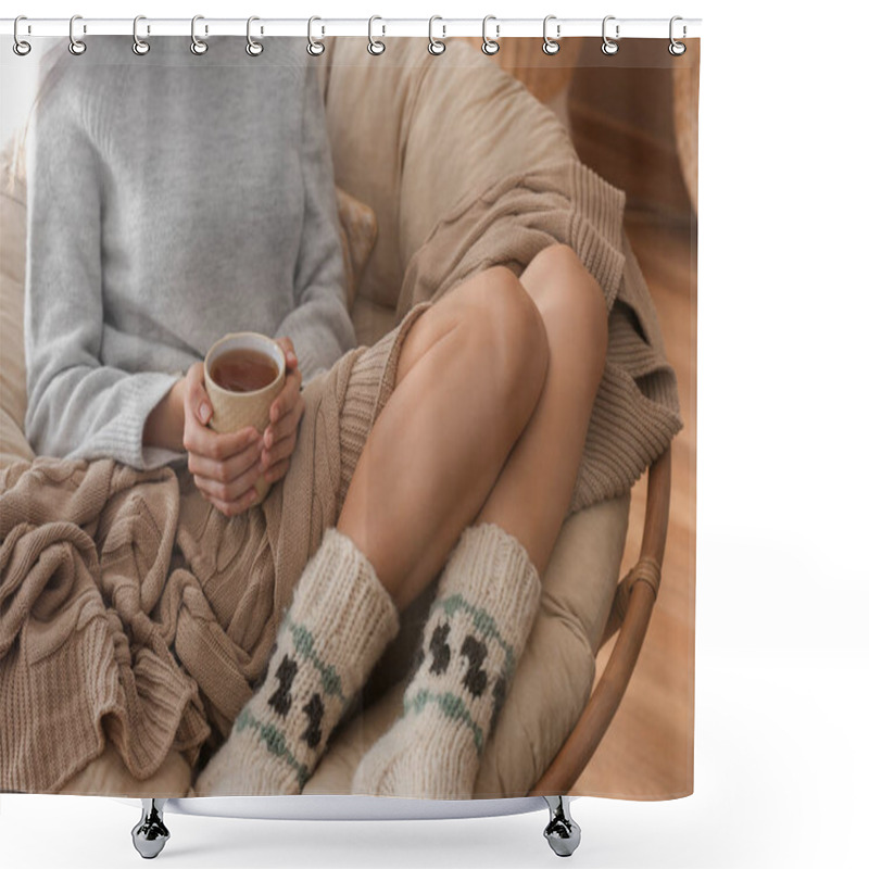 Personality  Young Woman Drinking Hot Tea At Home Shower Curtains