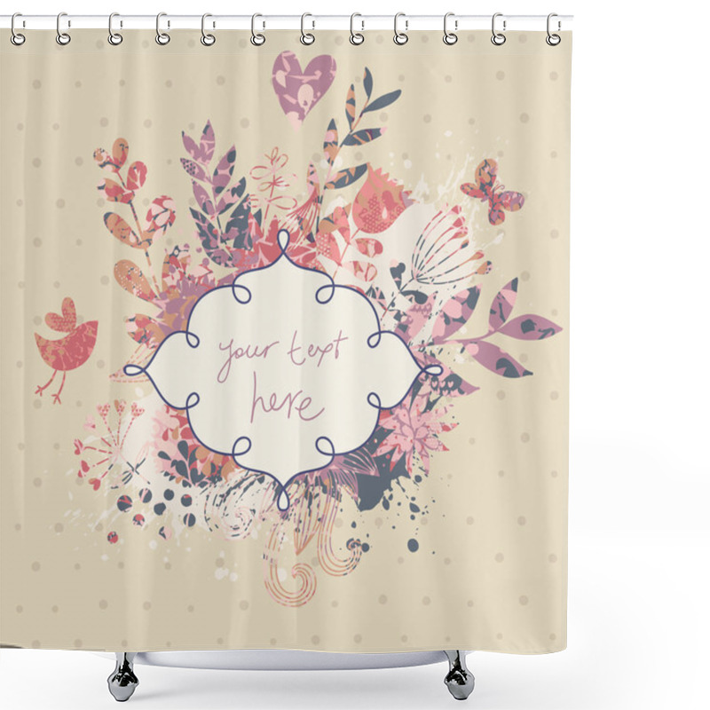 Personality  Vintage Card In Vector Made Of Flowers And Butterflies. Retro Floral Composition With A Textbox. Shower Curtains