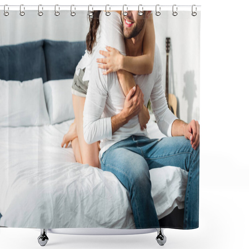 Personality  Cropped View Of Young Couple Hugging In Bed At Morning Shower Curtains