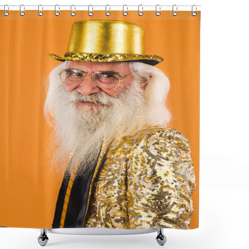 Personality  Senior Man With Eccentric Look  - 60 Years Old Man Having Fun, Portrait On Colored Background, Concepts About Youthful Senior People And Lifestyle Shower Curtains