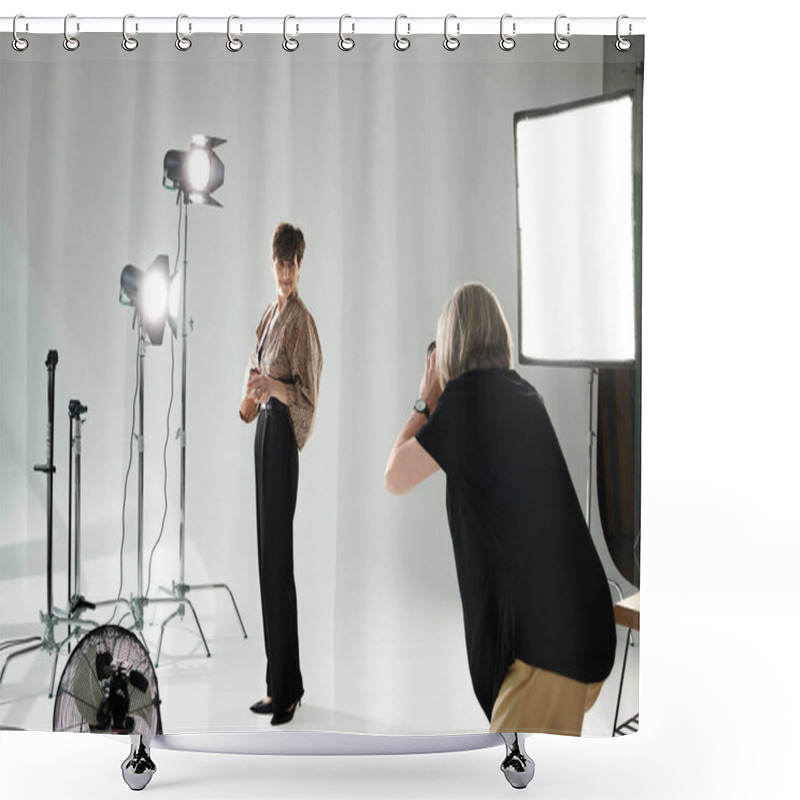 Personality  A Middle-aged Woman Snaps A Picture Of Her Partner In A Photo Studio, Capturing A Moment Of Love And Connection. Shower Curtains