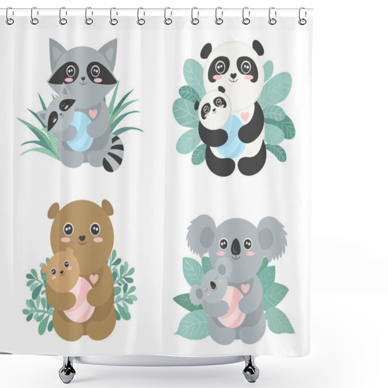 Personality  Set Of Vector Cute Animal Moms With Babies In The Bushes. Shower Curtains