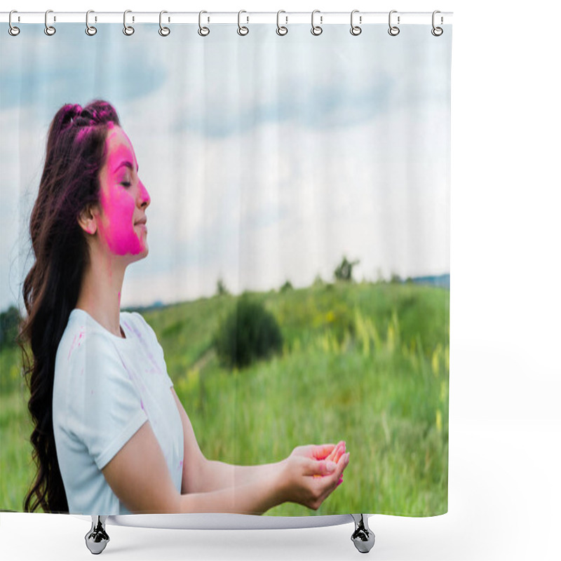 Personality  Happy Woman With Pink Holi Paint On Face Standing With Cupped Hands  Shower Curtains