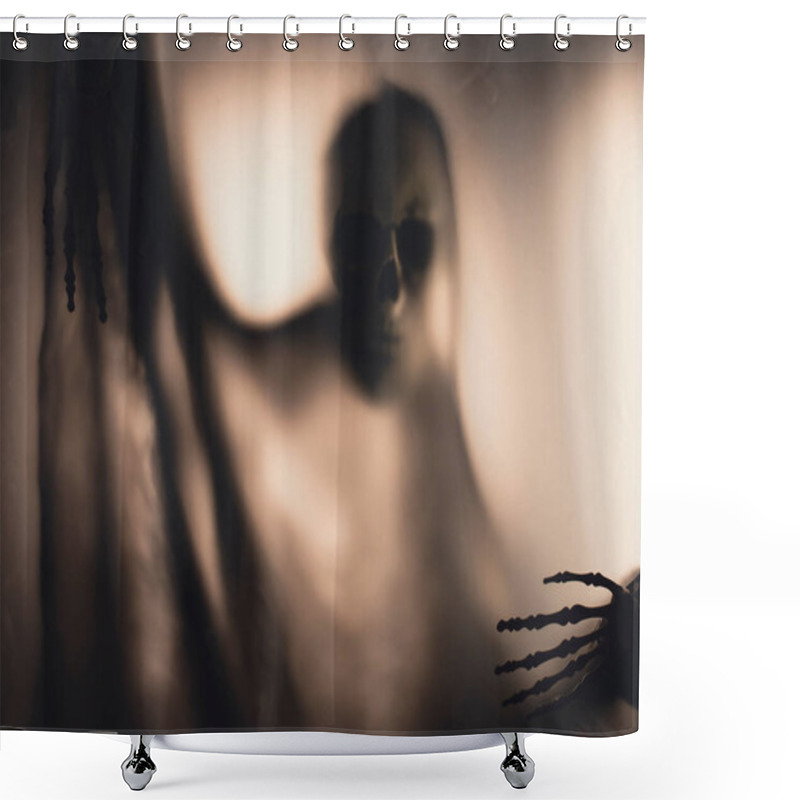 Personality  Horror Skeleton Or Grim Reaper Behind The Matte Glass. Halloween Festival Concept.Blurred Picture Shower Curtains