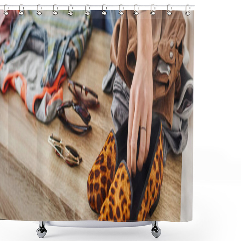 Personality  Partial View Of Woman Placing Fashionable Animal Print Shoes Near Sunglasses And Pre-loved Clothes On Table At Home, Eco-friendly Swaps, Sustainable Living And Mindful Consumerism Concept, Banner Shower Curtains