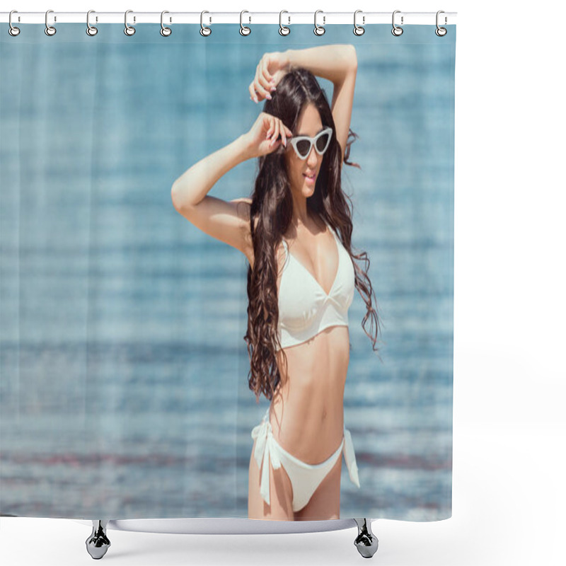 Personality  Brunette Woman Posing In Sunglasses And Swimsuit Near The Sea On Vacation Shower Curtains