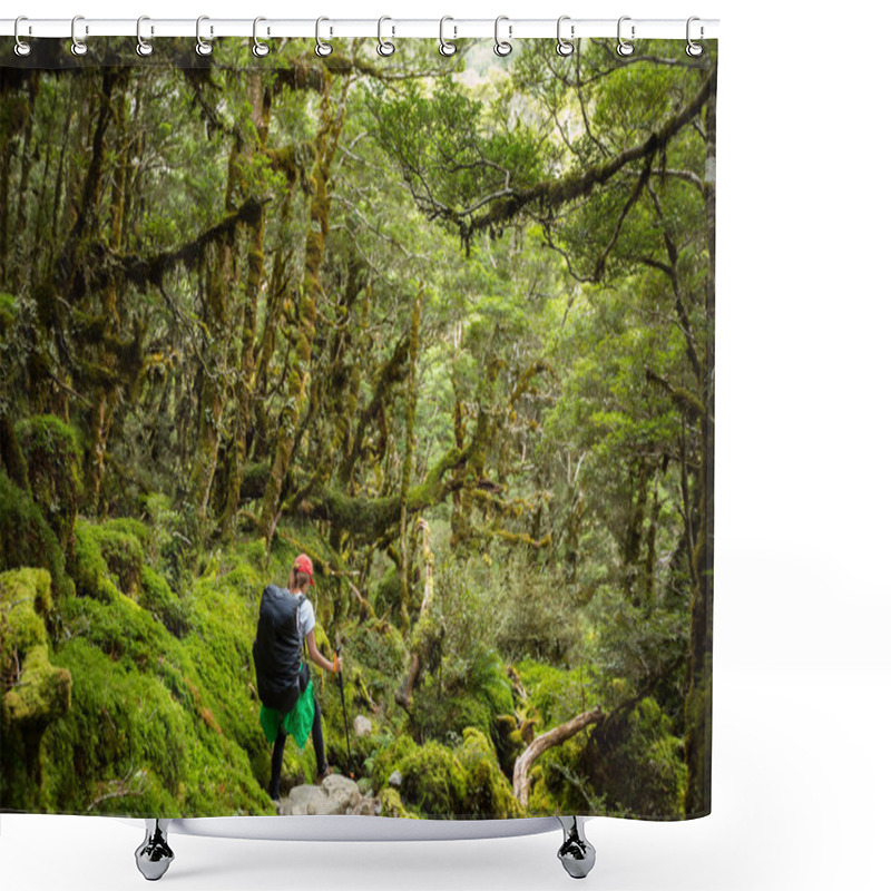 Personality  Woman Hiker With Backpack Walking In Native Beech Forest On Rout Shower Curtains