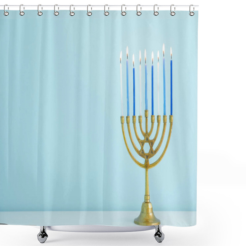 Personality  Menorah With Burning Candles On Table In Living Room, Closeup. Hanukkah Celebration Shower Curtains