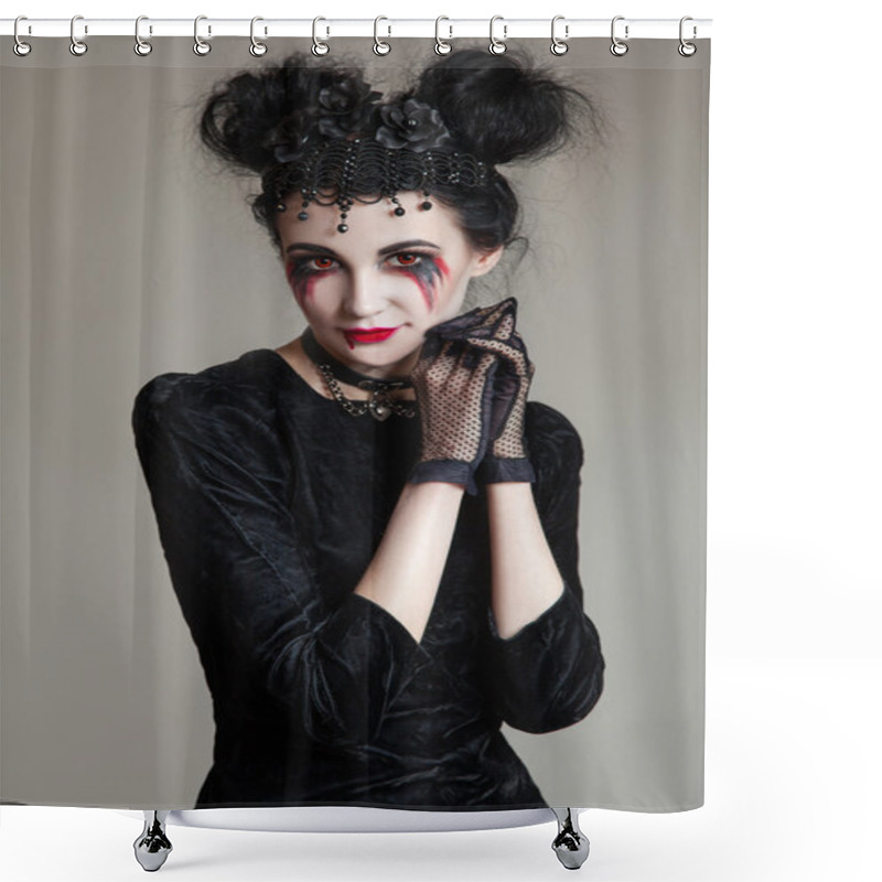 Personality  Young Beautiful Gothic Woman With White Skin And Red Lips. Halloween Makeup. Shower Curtains