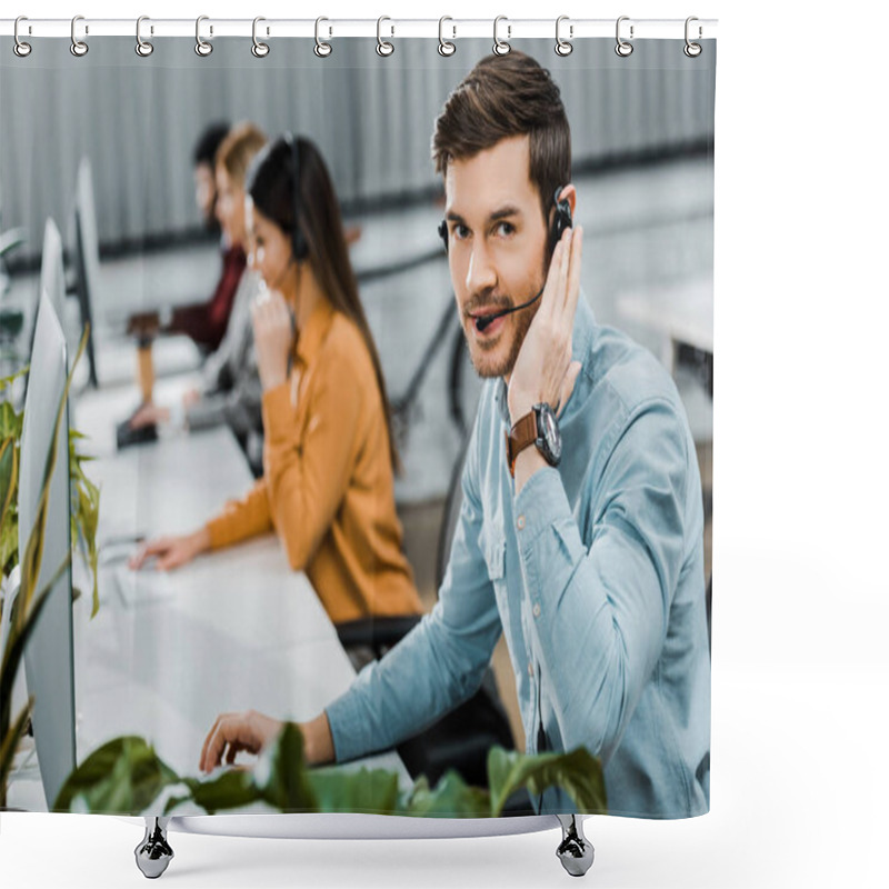 Personality  Selective Focus Of Call Center Operator Looking At Camera While Multiethnic Colleagues Working In Office Shower Curtains