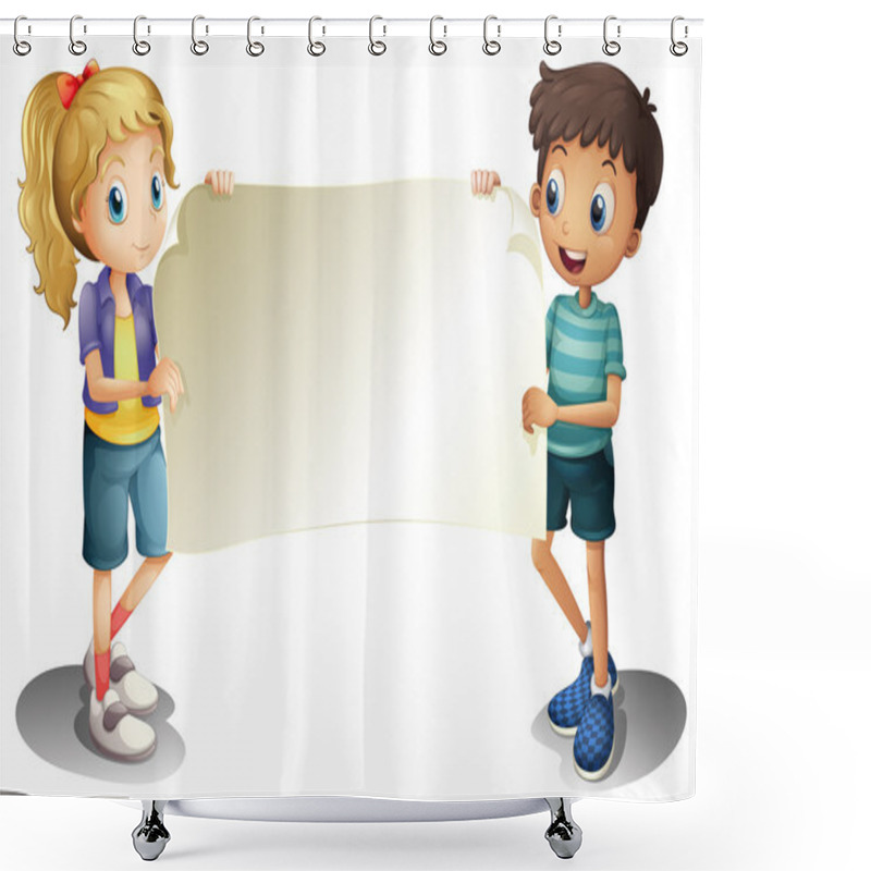 Personality  A Girl And A Boy Holding An Empty Banner Shower Curtains