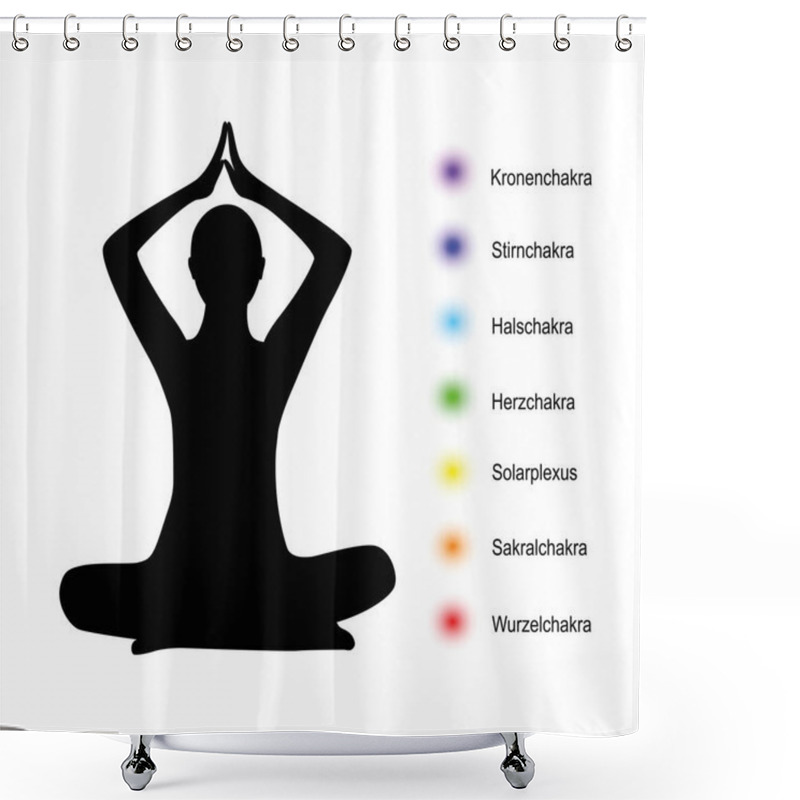 Personality  Yoga Person In A Lotus Pose Black Silhouette Chakra Points Shower Curtains