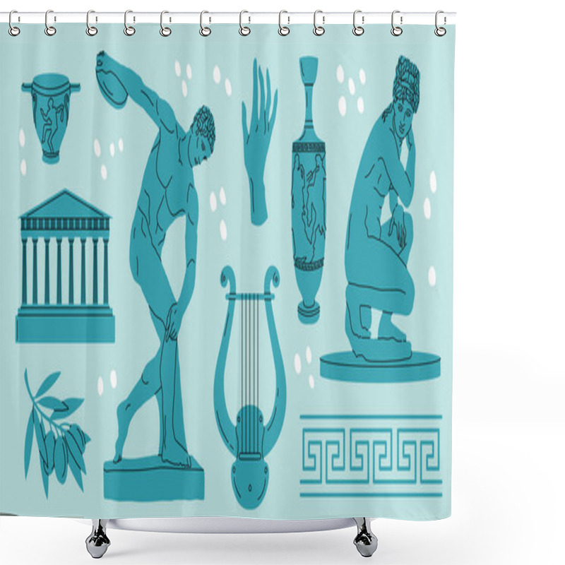 Personality  Greek Marble Statues Aesthetic Vector Hand Drawn Illustration Set. Sculptures Of Human Body And Architectural Elements.  Shower Curtains