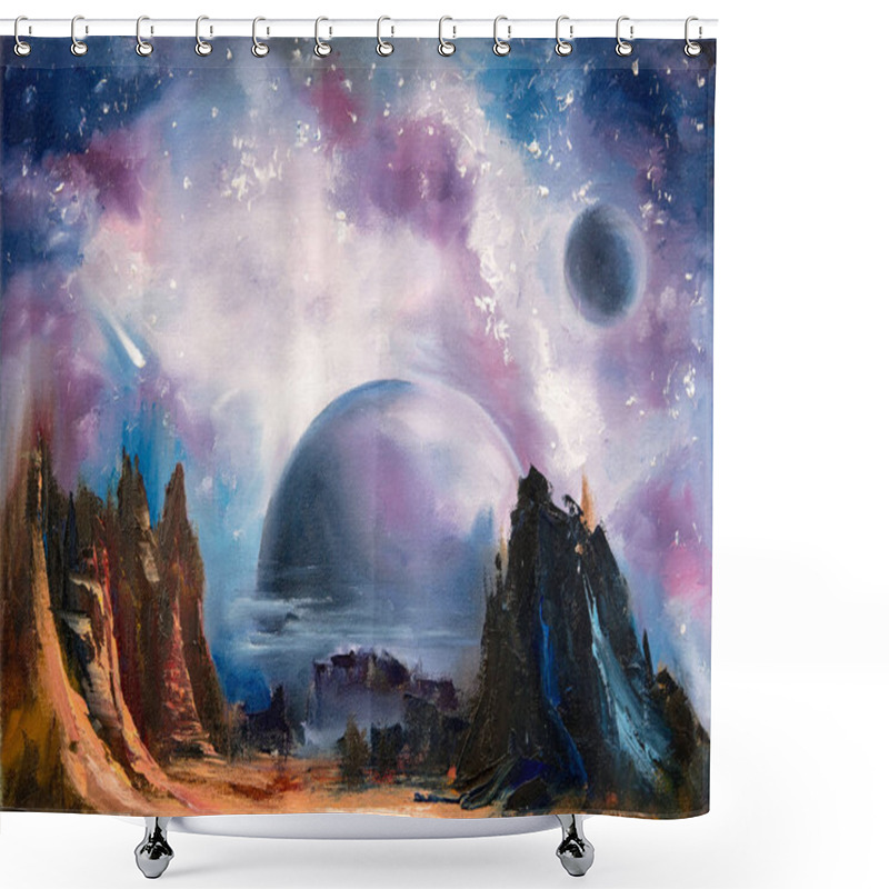 Personality  Space Alien Landscape, Hand Drawn Oil Painting. Shower Curtains