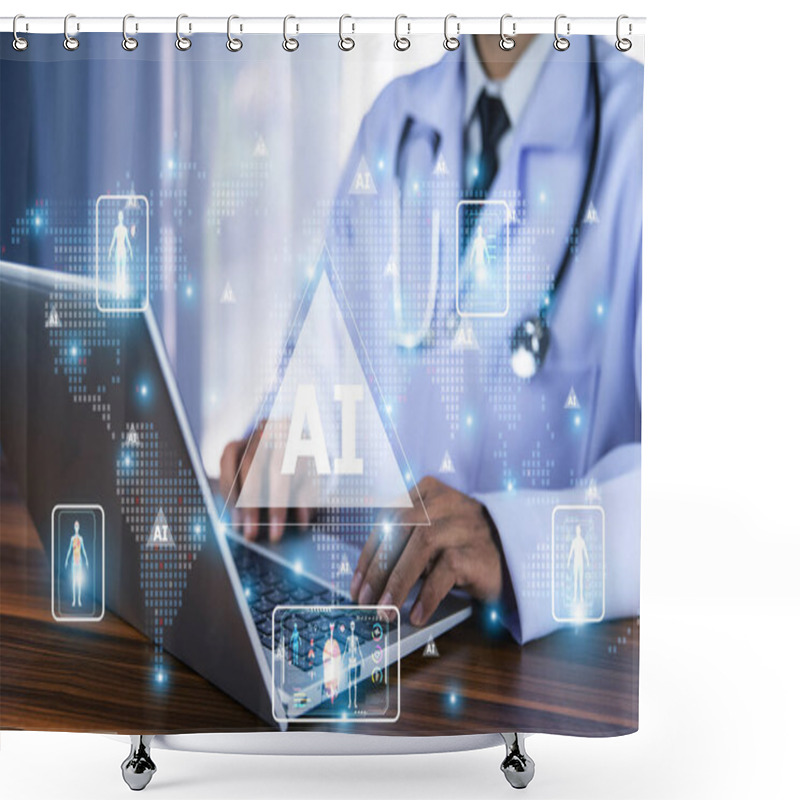 Personality  Doctor Using Computer AI Artificial Intelligence Technology Machine Learning To Research Treatment Innovation For Patient Convenient Fast Healthcare. AI Artificial Intelligence Technology Healthcare Shower Curtains