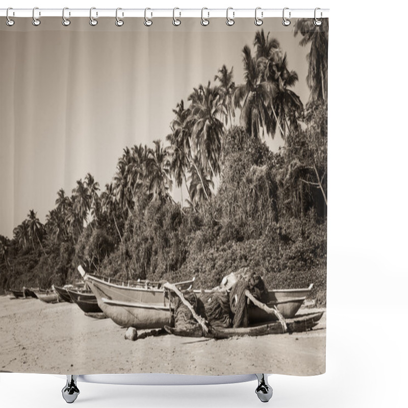 Personality  Fishing Boats On A Tropical Beach With Palm Trees In The Backgro Shower Curtains