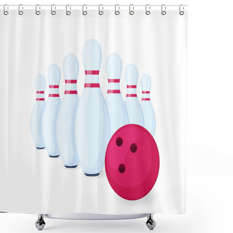 Personality  Set Of Bowling Pins And Ball In Cartoon Style. Isolated On White Background. Vector Illustration Shower Curtains