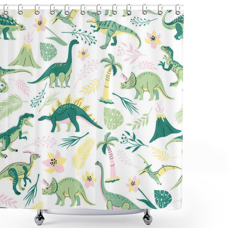 Personality  Set Of Dinosaurs Including T-rex, Brontosaurus, Triceratops, Velociraptor, Pteranodon, Allosaurus, Etc Isolated On White Shower Curtains