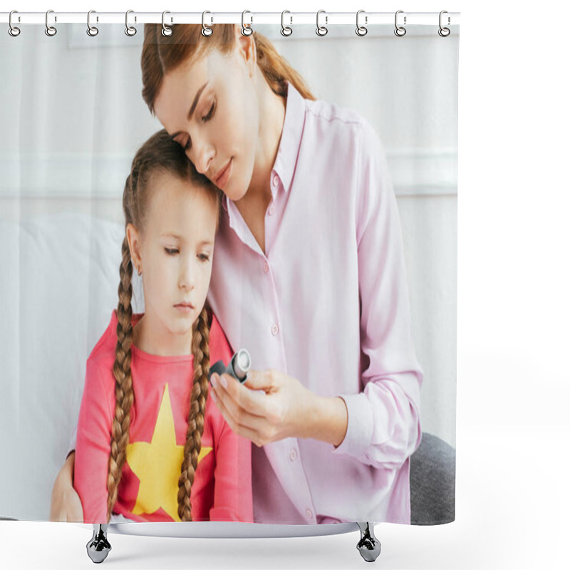 Personality  Mother Hugging Sad Daughter With Asthma And Looking At Inhaler Shower Curtains